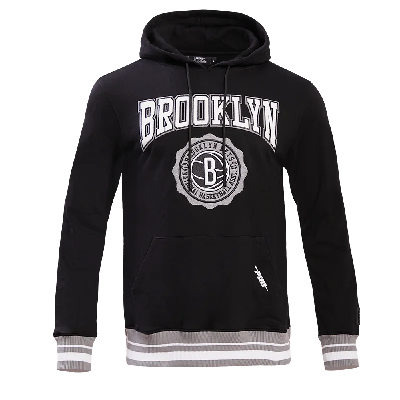 NBA BROOKLYN NETS CREST EMBLEM MEN'S RIB PO HOODIE (BLACK/GRAY)