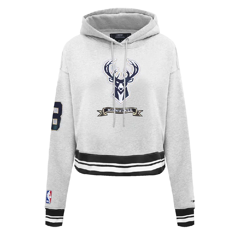 NBA MILWAUKEE BUCKS PRO PREP RIB FLC CROPPED PO HOODIE (HEATHER GRAY/BLACK)