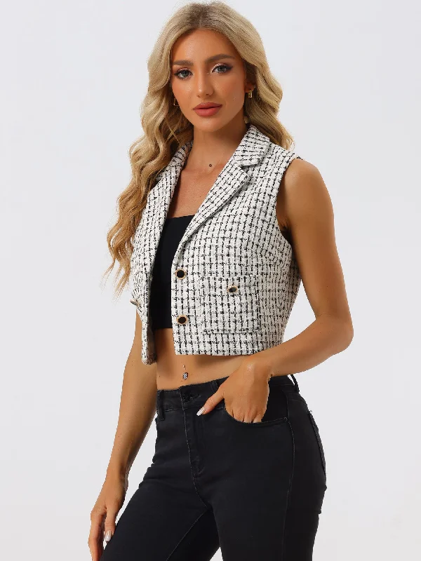 Tweed Notched Lapel Collar Sleeveless Plaid Crop Waistcoat Vest