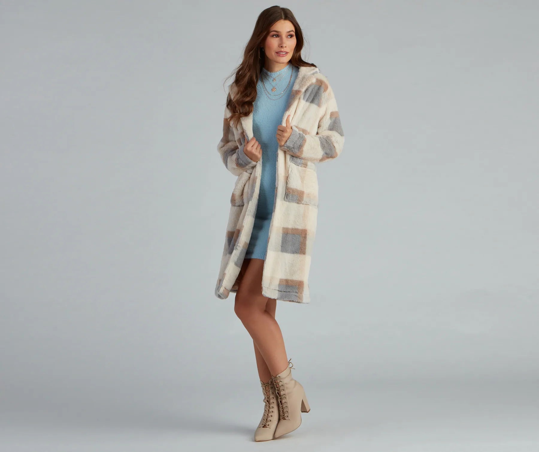 So Stunning Faux Fur Plaid Coat