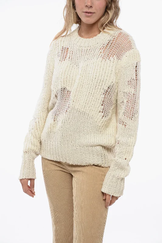 Chloe Crew Neck Openwork Wool Blend Sweater with Lived-in Effect