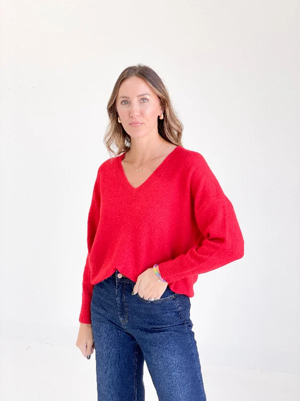 Leland V-neck Sweater - Red