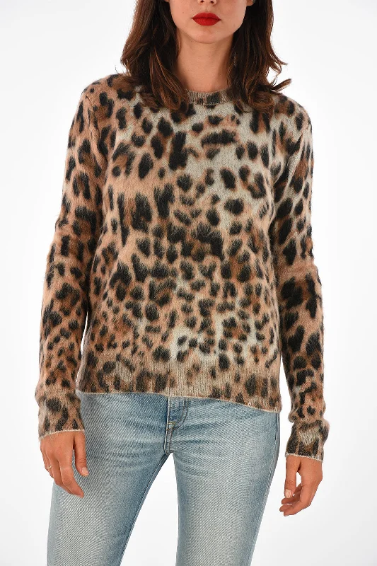 Saint Laurent Crew Neck Mohair Blend Sweater with Animal Pattern