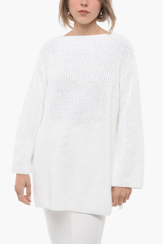 Salvatore Ferragamo Crew Neck Pure Cotton Sweater with Side Splits