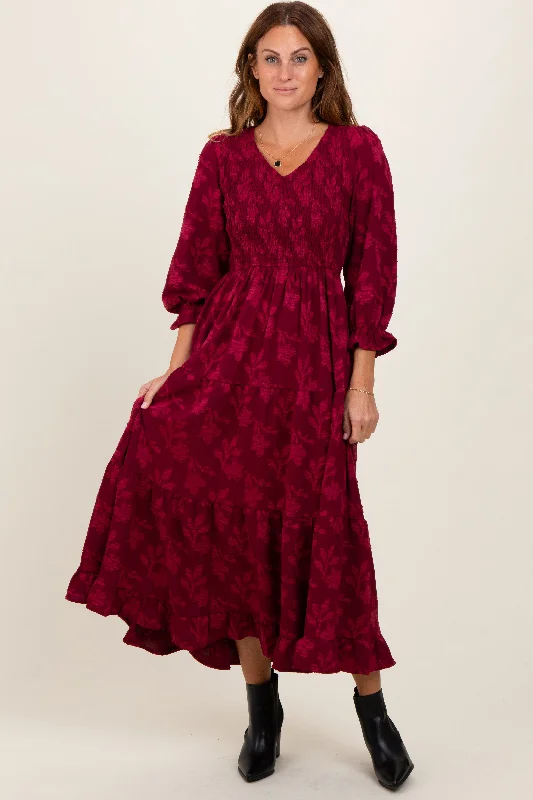 Burgundy Floral Smocked V-Neck Maxi Dress