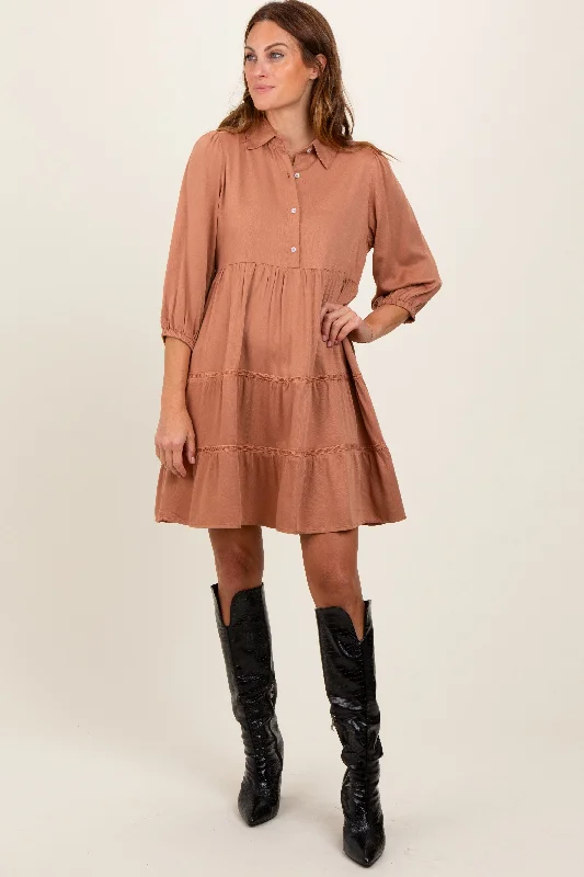 Camel Collared Tiered Dress