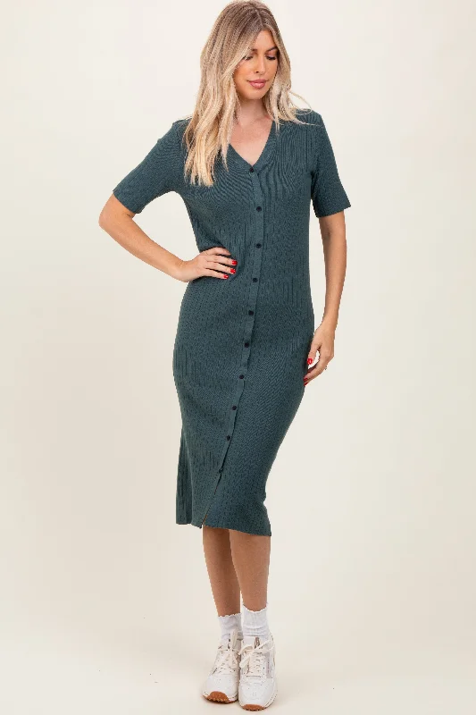 Forest Green Button Down Sweater Midi Dress