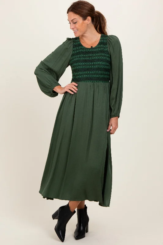 Forest Green Contrast Knit Bodice Maxi Dress