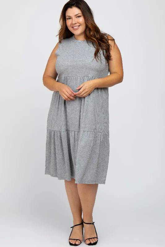 Heather Grey Ribbed Sleeveless Plus Midi Dress