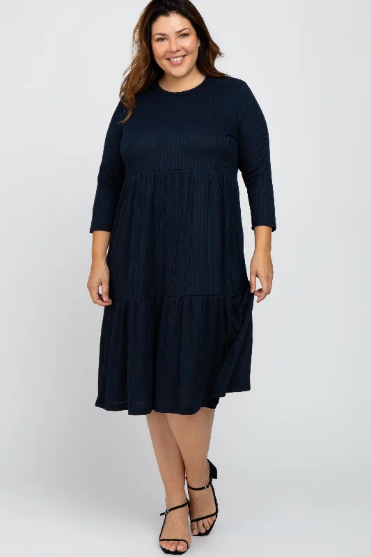 Navy Tiered Ribbed 3/4 Sleeve Plus Midi Dress