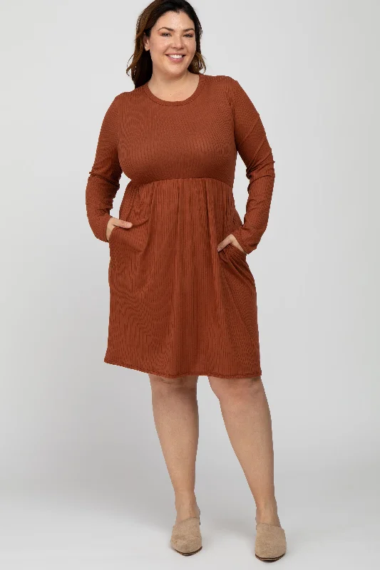 Rust Ribbed Long Sleeve Plus Dress