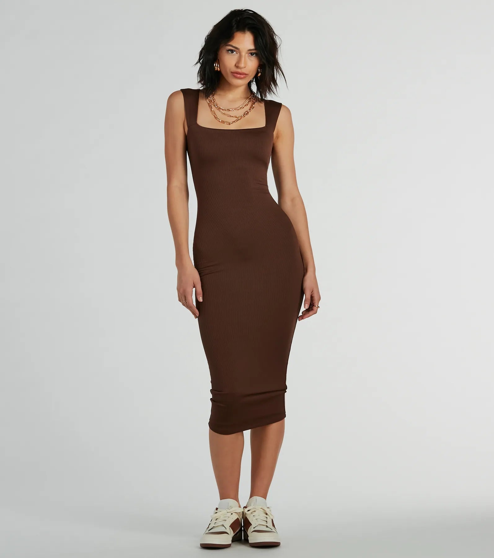 Smooth Silhouette Square Neck Tank Midi Dress