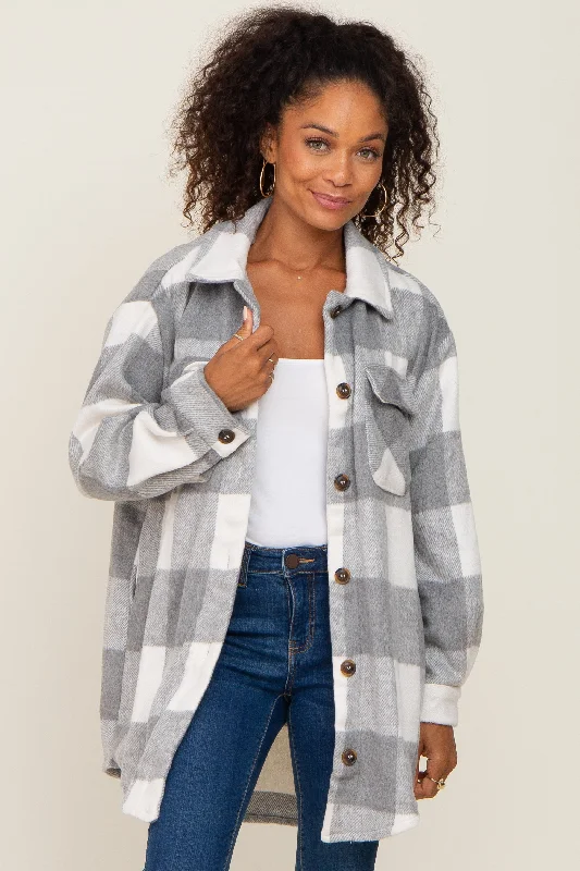 Grey Plaid Brushed Long Shacket