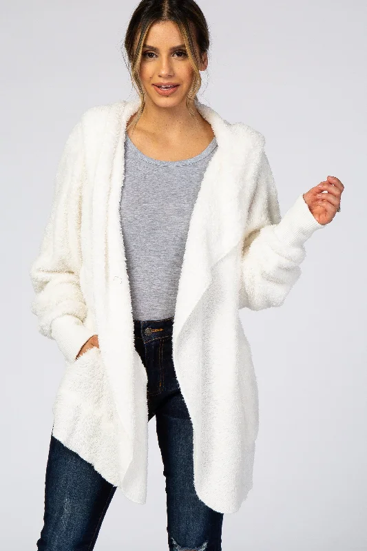 Ivory Fuzzy Hooded Long Sleeve Jacket