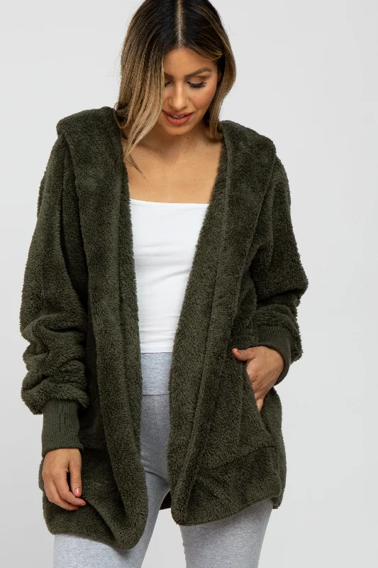 Olive Fuzzy Hooded Long Sleeve Maternity Jacket