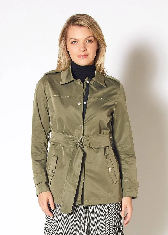 Women's Olive Windbreaker Belted Collar Jacket in Olive